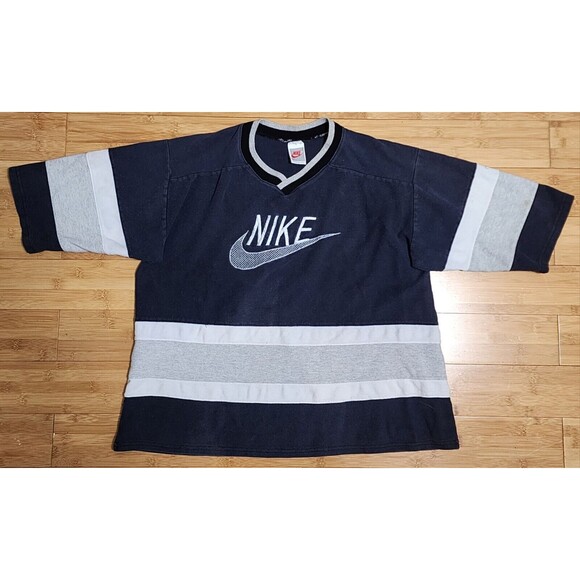 Vintage 90s Nike Swoosh Embroidered Hockey Navy Jersey Shirt Grey Tag USA Mens L - Picture 1 of 11